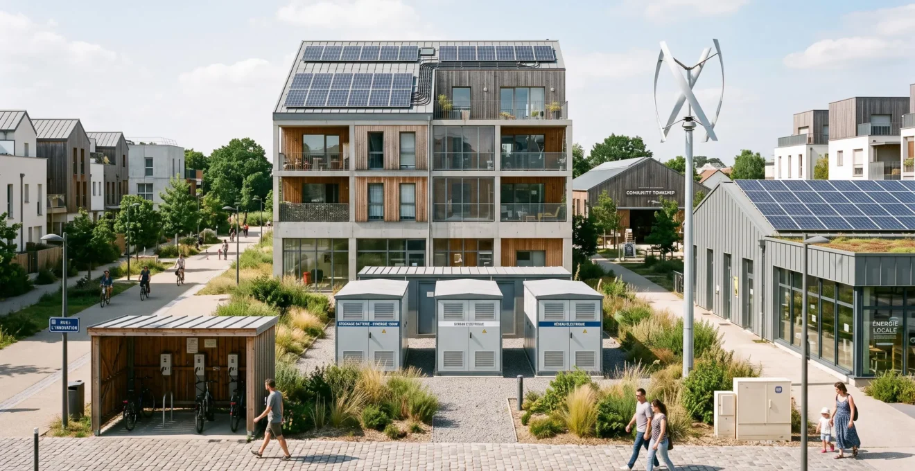 Quartier énergétique moderne avec une intégration équilibrée des énergies renouvelables.