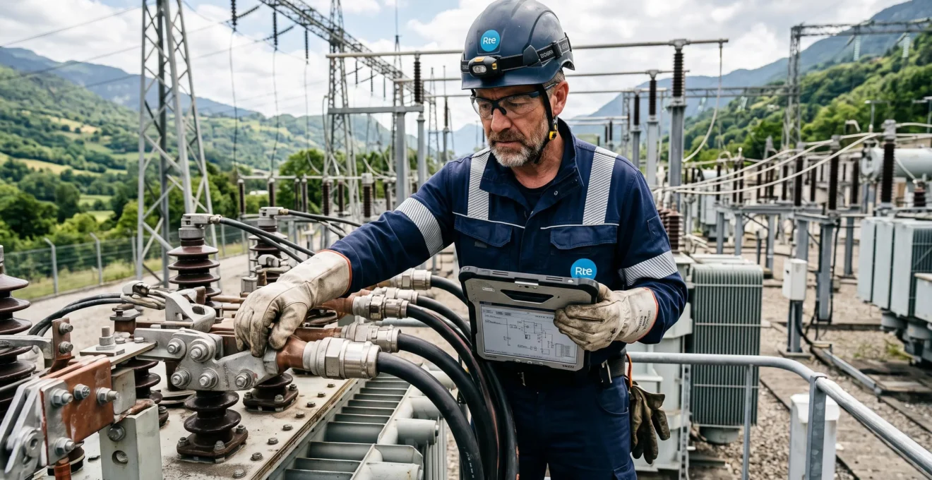 Technicien vérifiant une connexion complexe de réseau électrique en France.