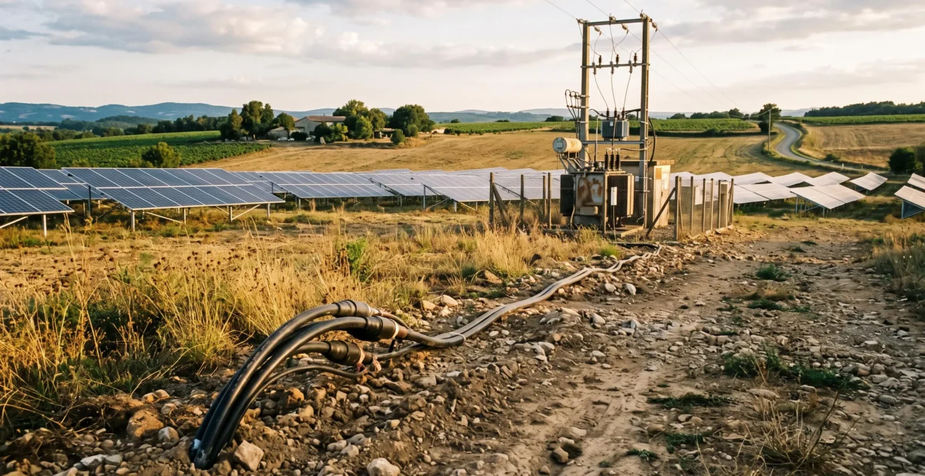 Panneaux solaires connectés à un poste de transformation rural en France.